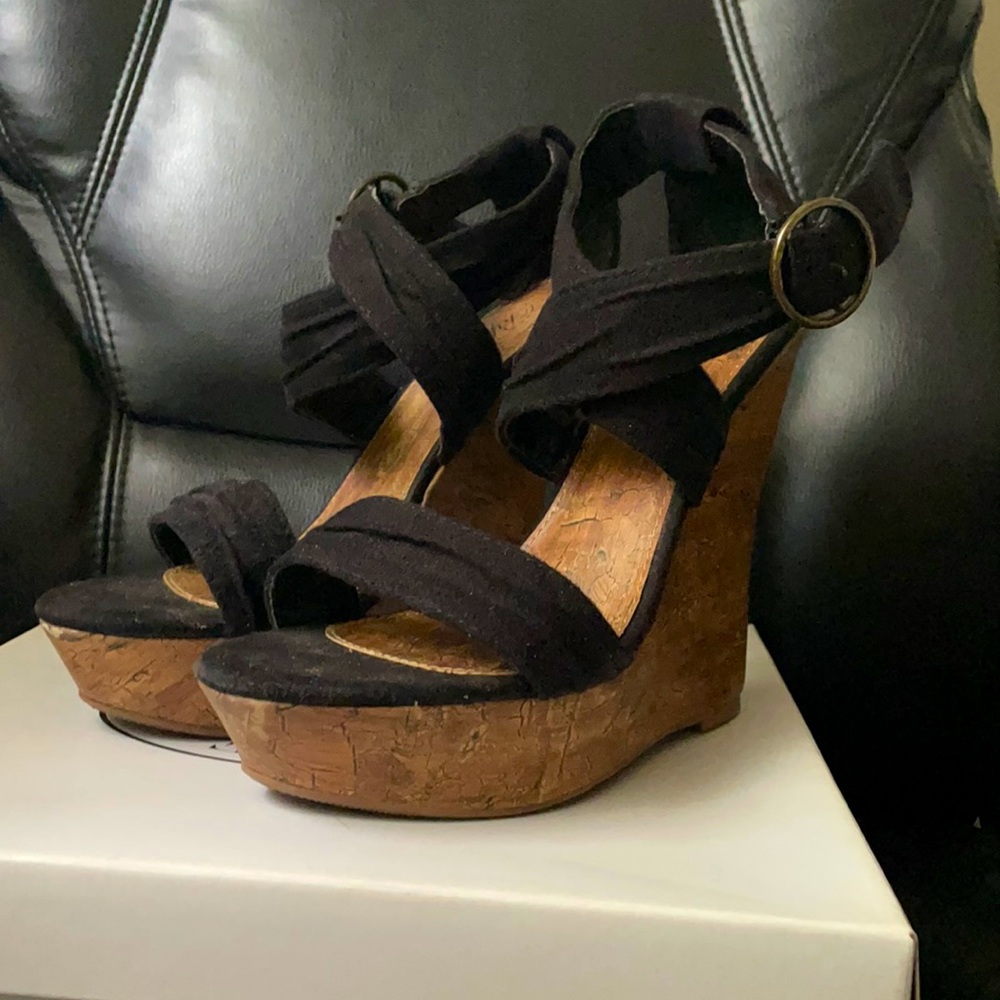 Black cork wedge heels
